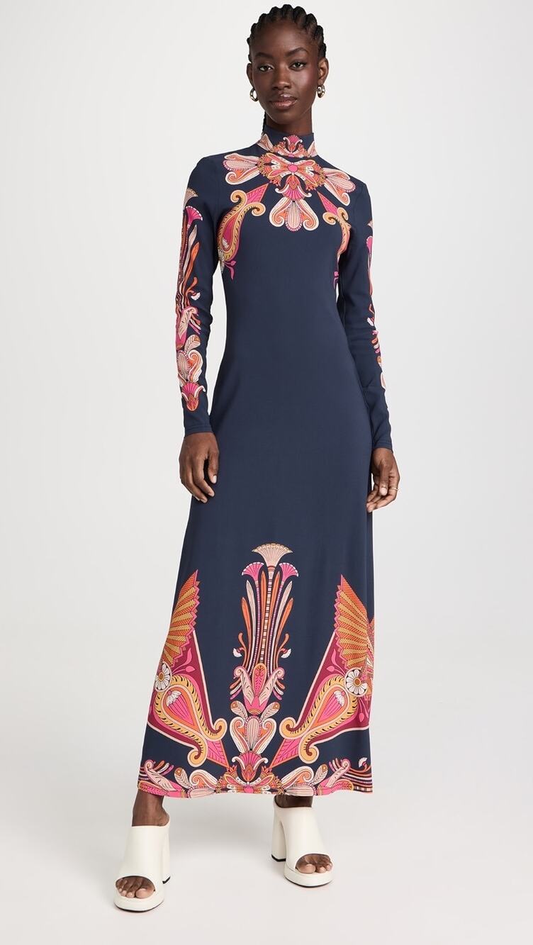 LA DOUBLEJ Navy Paisley Gold Pendant High Neck A-Line Halle Dress Size XS